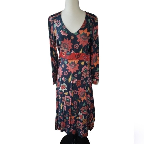 Aldomartins Midi Dress Womens M Millefluer Striped Floral Preppy Maximalist Navy - Picture 2 of 9